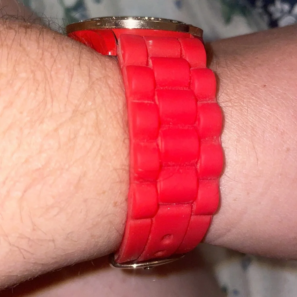 New red crystal watch round face silicone band Geneva